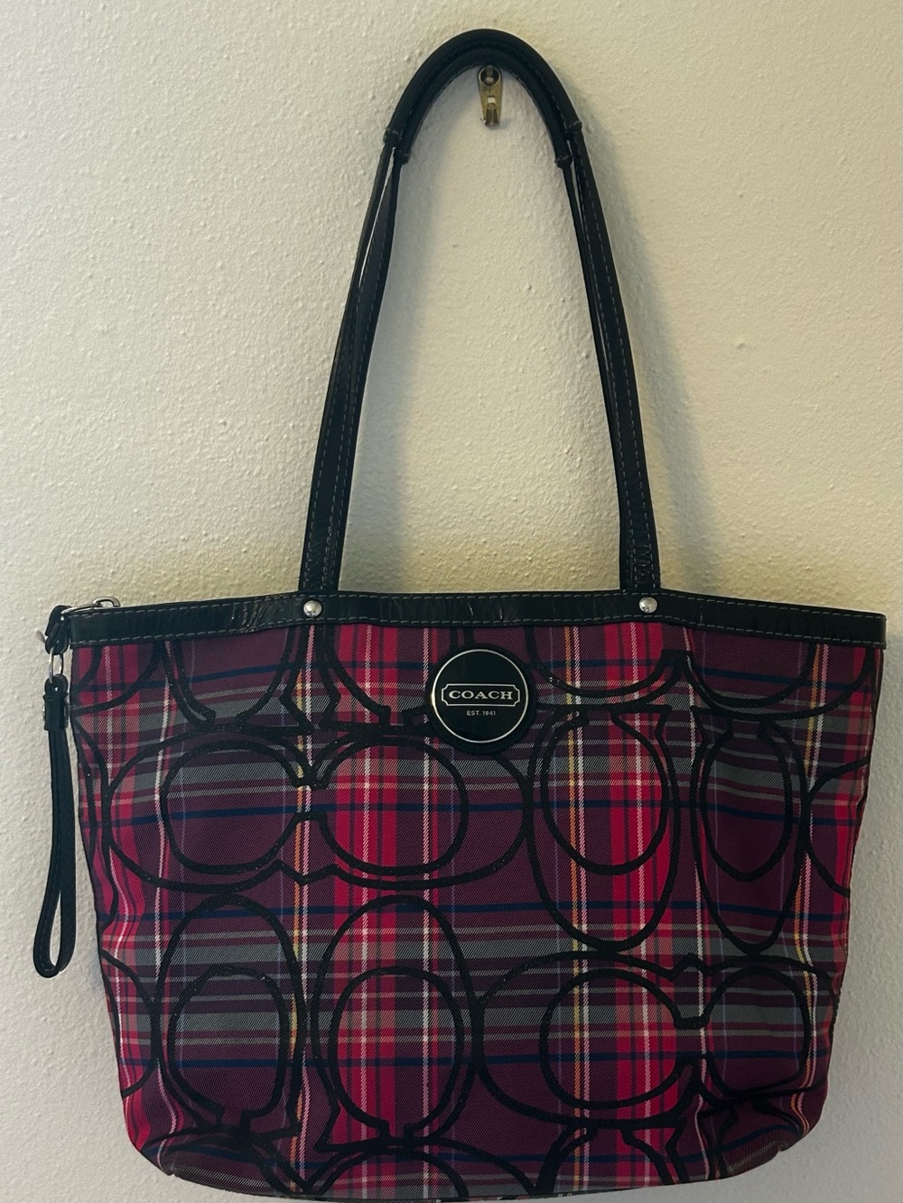 COACH Jewel Tone Poppy Tartan Plaid Signature Tote Bag - Pink Lining 10”X14”